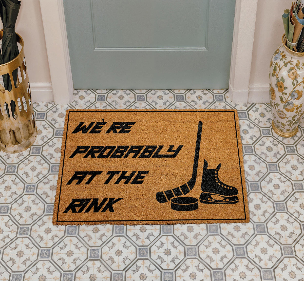 We're Probably At The Rink Doormat, Hockey Lover's Home Decor, Ice Hockey Fan Entrance Rug