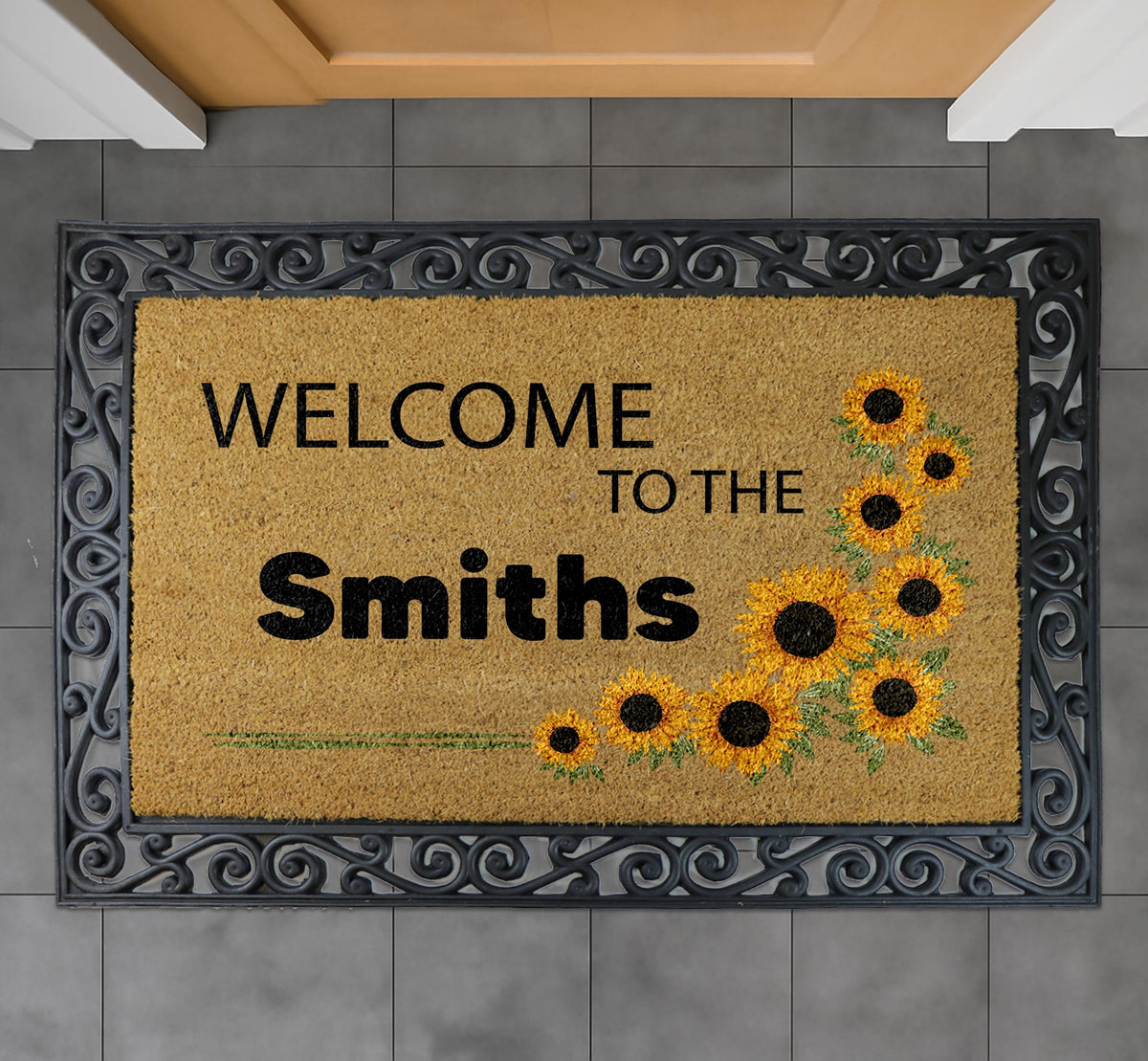 Personalized Sunflower Family Name Doormat, Rustic Farmhouse Entryway Rug