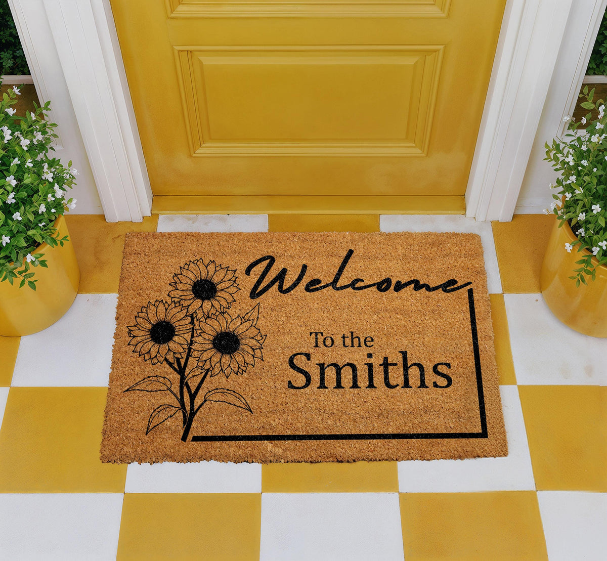 Personalized Sunflower Family Name Doormat, Rustic Farmhouse Entryway Rug