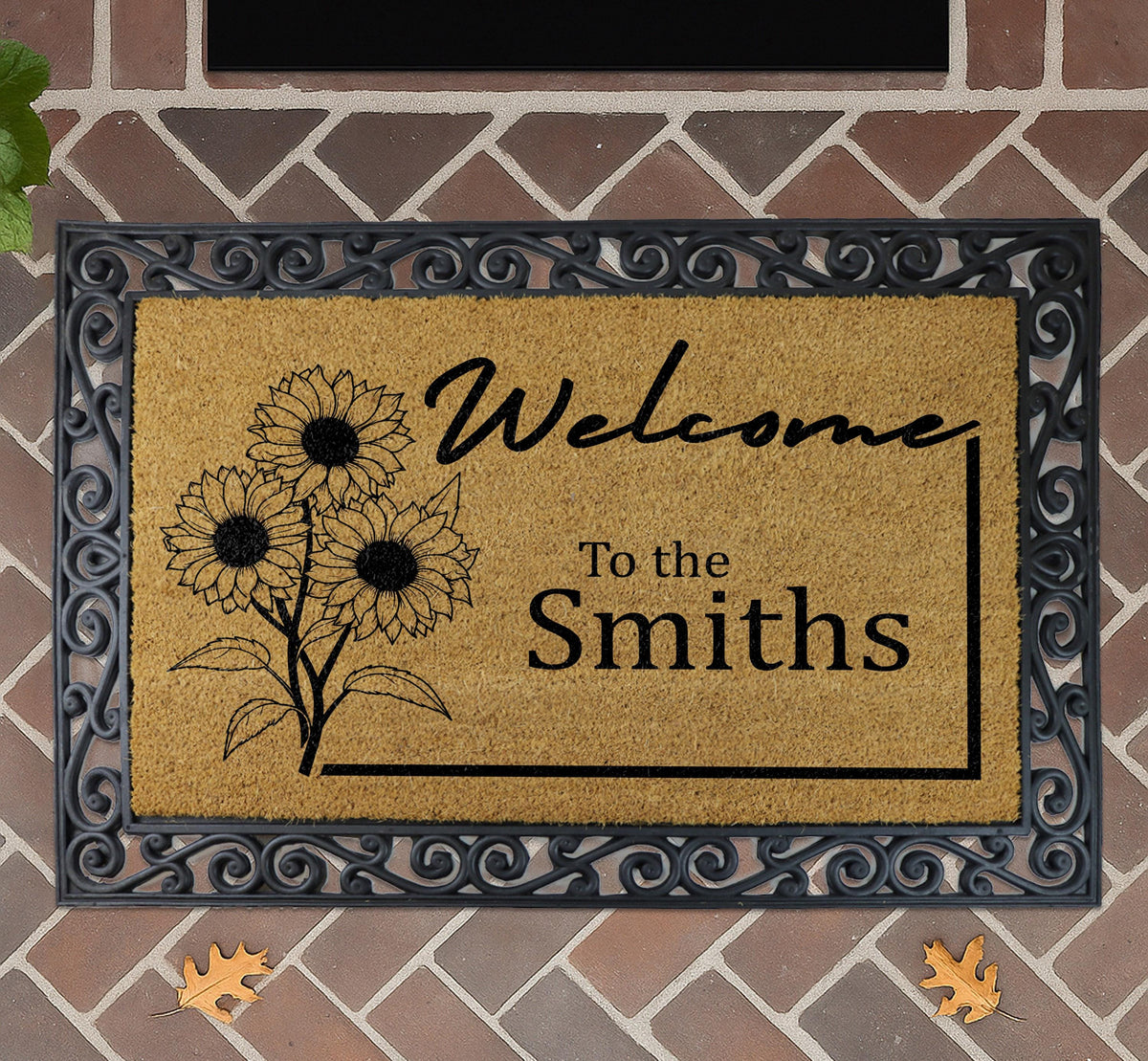 Personalized Sunflower Family Name Doormat, Rustic Farmhouse Entryway Rug