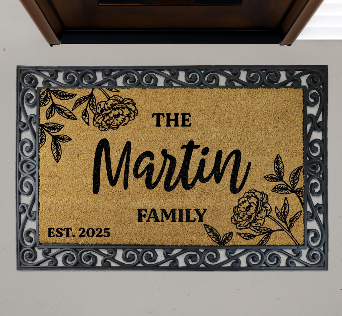 Personalized Family Name & Est Date Doormat, Peony Floral Design Welcome Mat