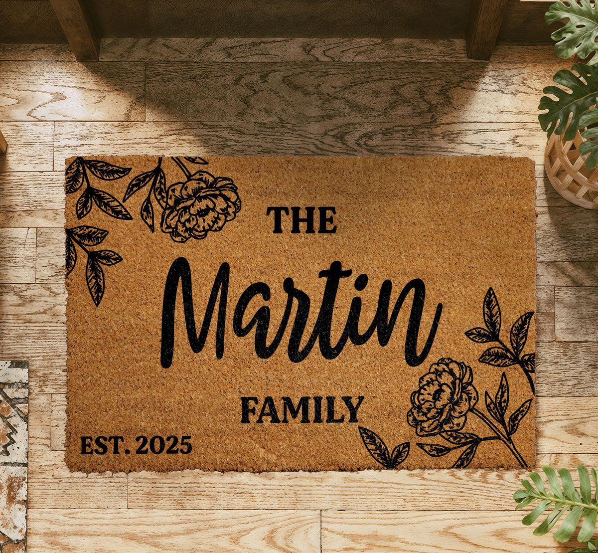 Personalized Family Name & Est Date Doormat, Peony Floral Design Welcome Mat