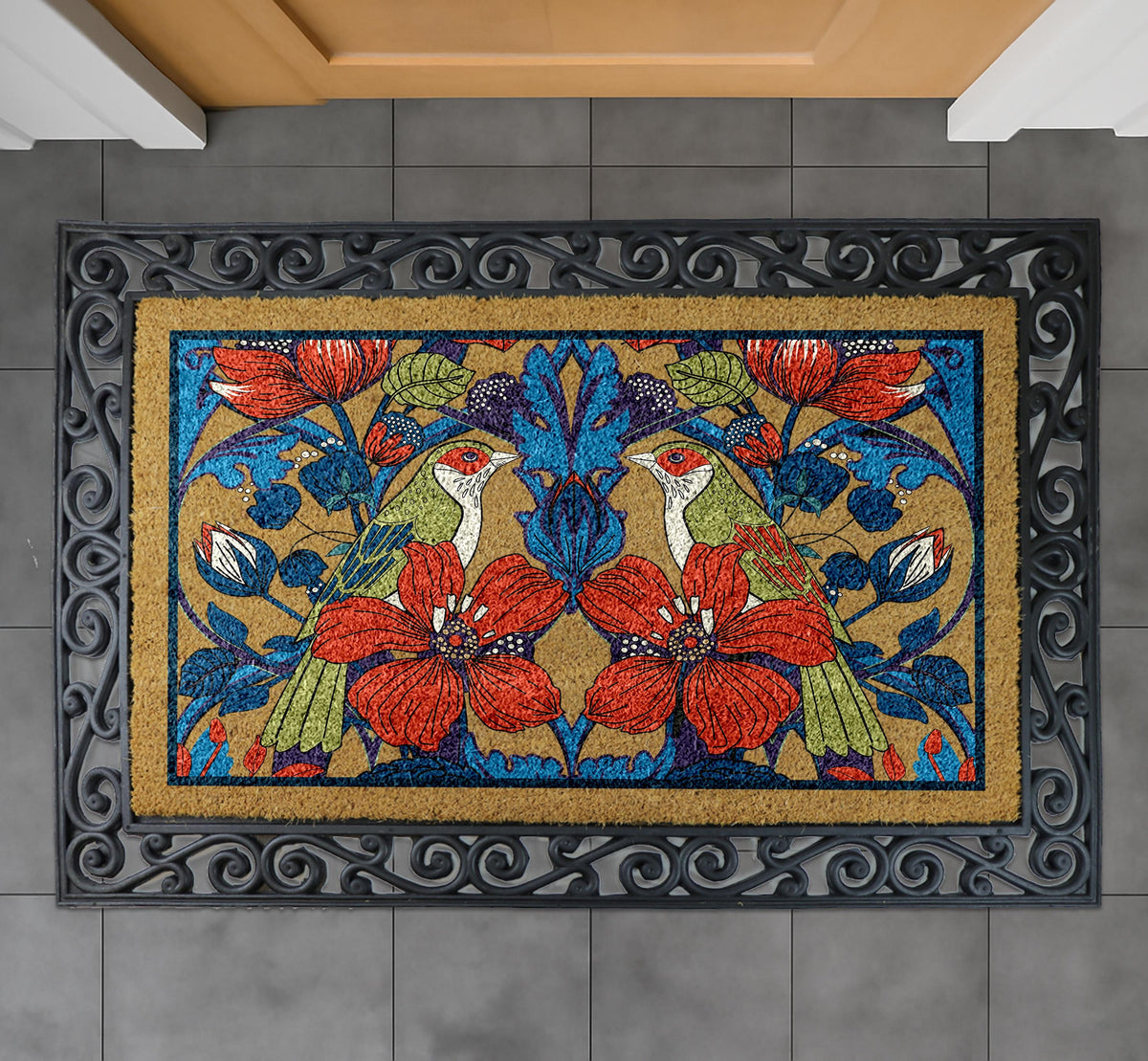 Bird and Floral Doormat, Nature Inspired Entry Rug, Elegant Bird Flower Coco Door Mat