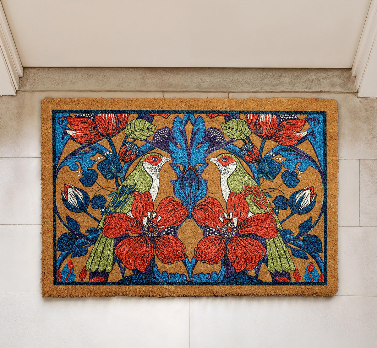 Bird and Floral Doormat, Nature Inspired Entry Rug, Elegant Bird Flower Coco Door Mat