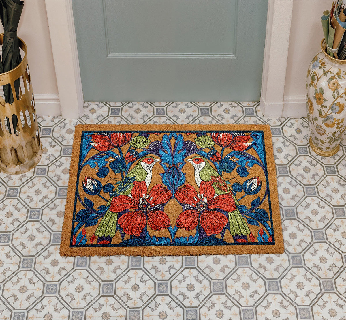 Bird and Floral Doormat, Nature Inspired Entry Rug, Elegant Bird Flower Coco Door Mat