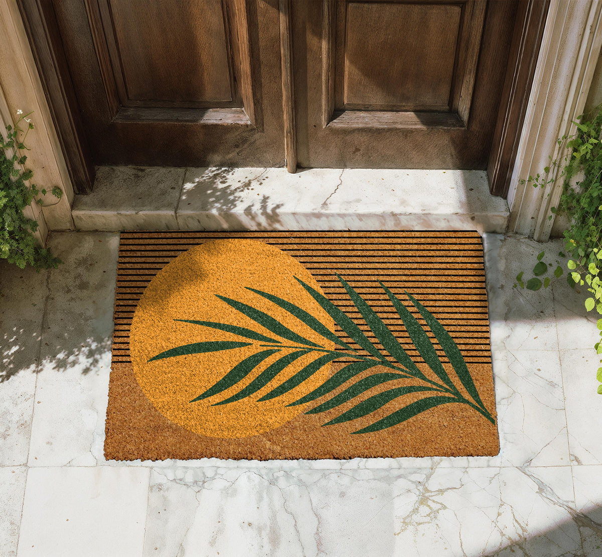 Retro Sun Doormat, Boho Entryway Door Mat, Tropical Coir Mat, Abstract Palm Floor Rug