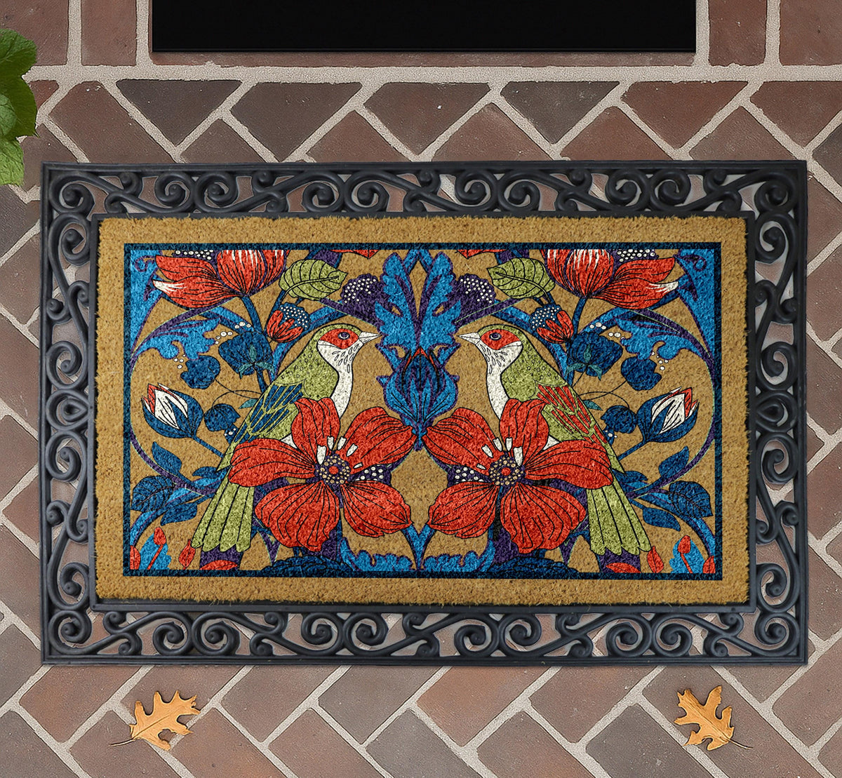 Bird and Floral Doormat, Nature Inspired Entry Rug, Elegant Bird Flower Coco Door Mat