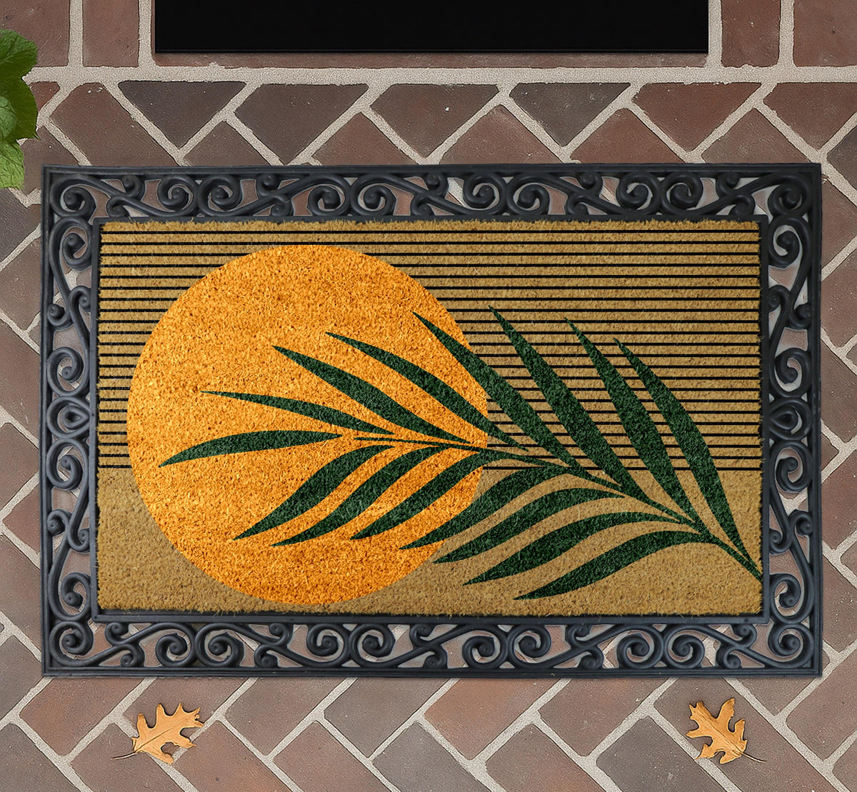 Retro Sun Doormat, Boho Entryway Door Mat, Tropical Coir Mat, Abstract Palm Floor Rug