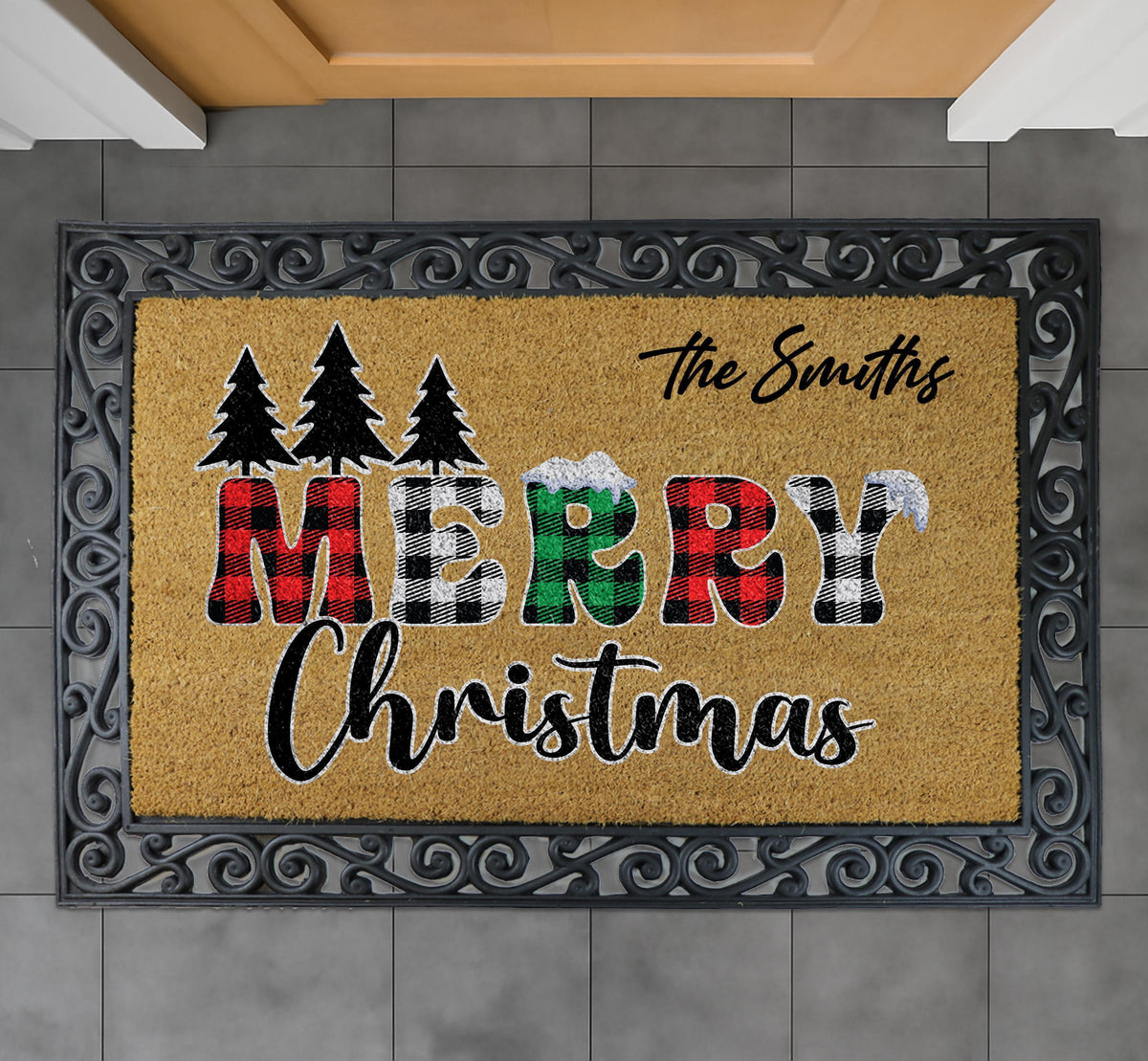 Personalized Merry Christmas Doormat, Custom Family Name Plaid Pattern Welcome Mat