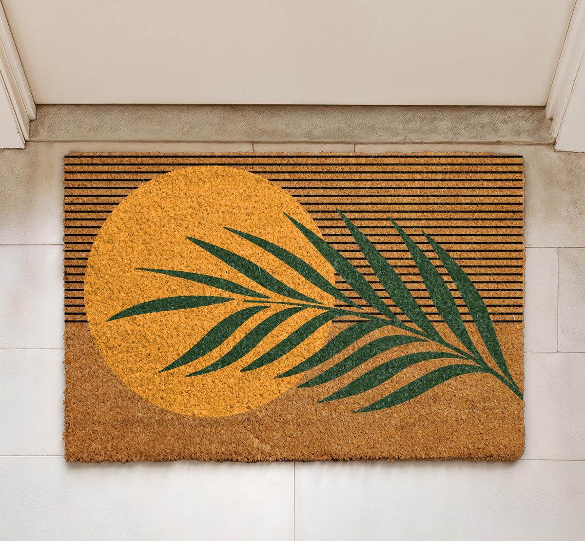 Retro Sun Doormat, Boho Entryway Door Mat, Tropical Coir Mat, Abstract Palm Floor Rug
