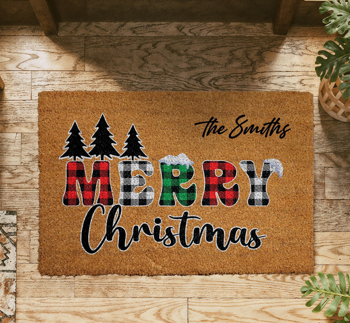 Personalized Merry Christmas Doormat, Custom Family Name Plaid Pattern Welcome Mat