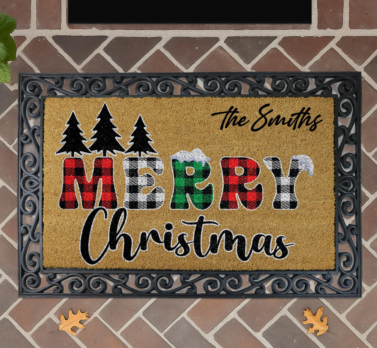 Personalized Merry Christmas Doormat, Custom Family Name Plaid Pattern Welcome Mat