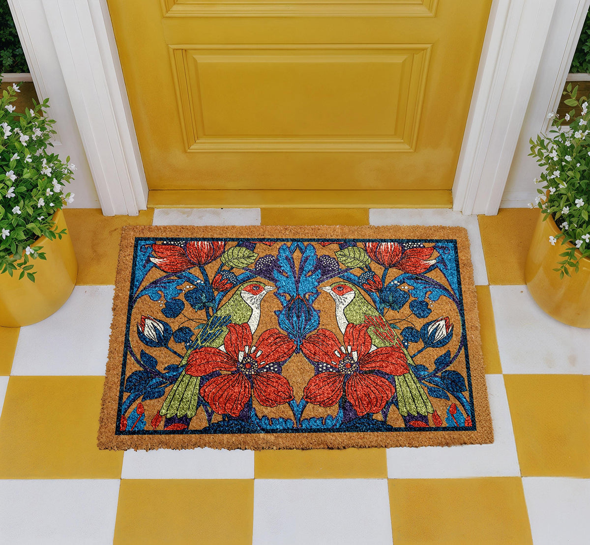 Bird and Floral Doormat, Nature Inspired Entry Rug, Elegant Bird Flower Coco Door Mat