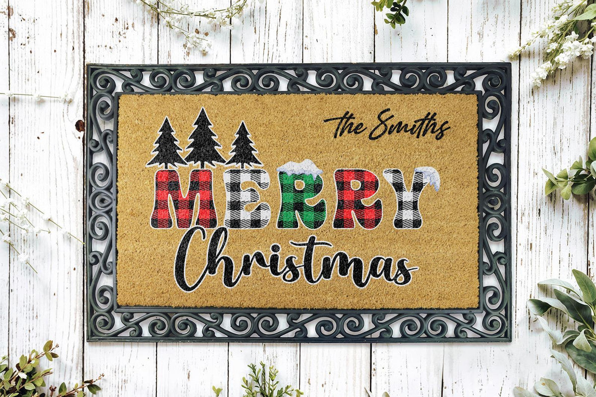 Personalized Merry Christmas Doormat, Custom Family Name Plaid Pattern Welcome Mat