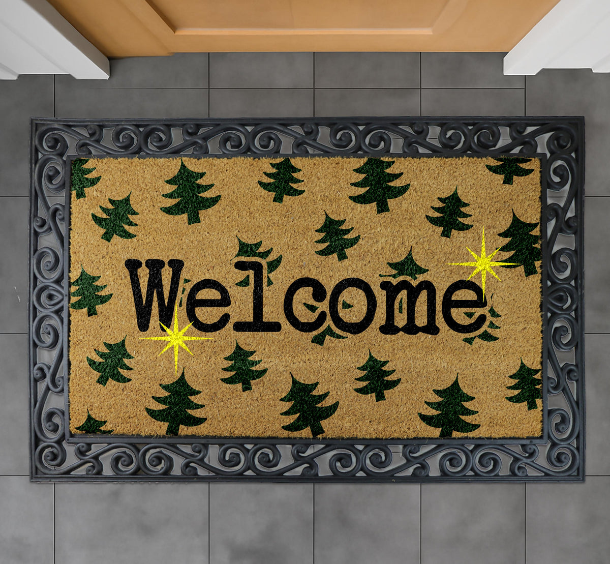 Christmas Tree Welcome Doormat, Sparkle Winter Door Mat, Xmas Trees Home Entrance Decor