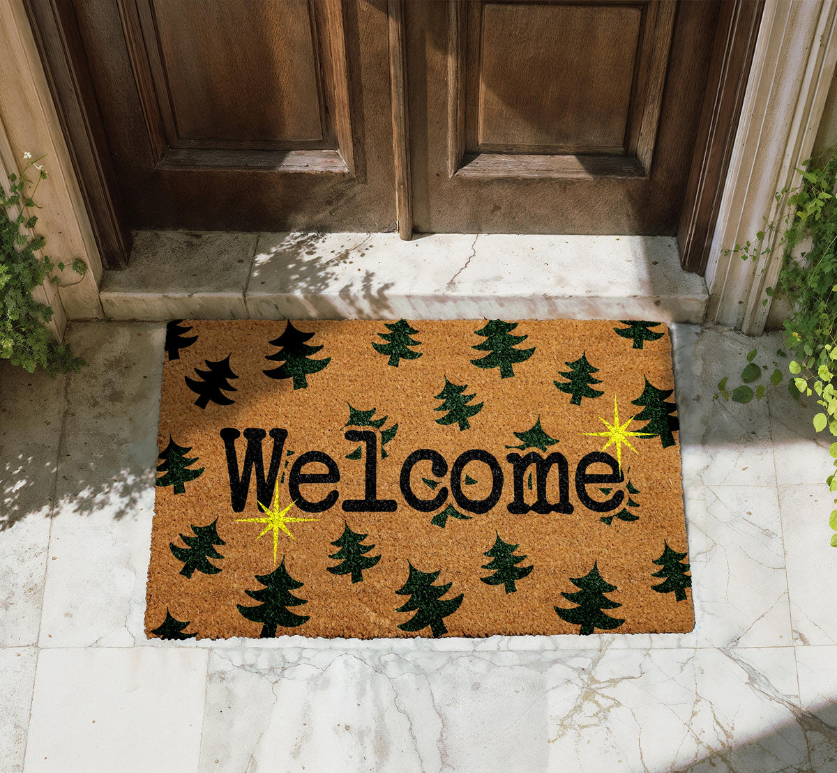 Christmas Tree Welcome Doormat, Sparkle Winter Door Mat, Xmas Trees Home Entrance Decor