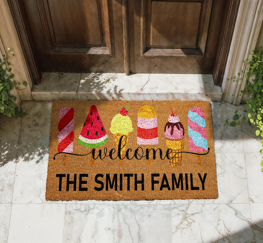 Custom Family Name Coco Doormat, Summer Ice Cream Welcome Mat