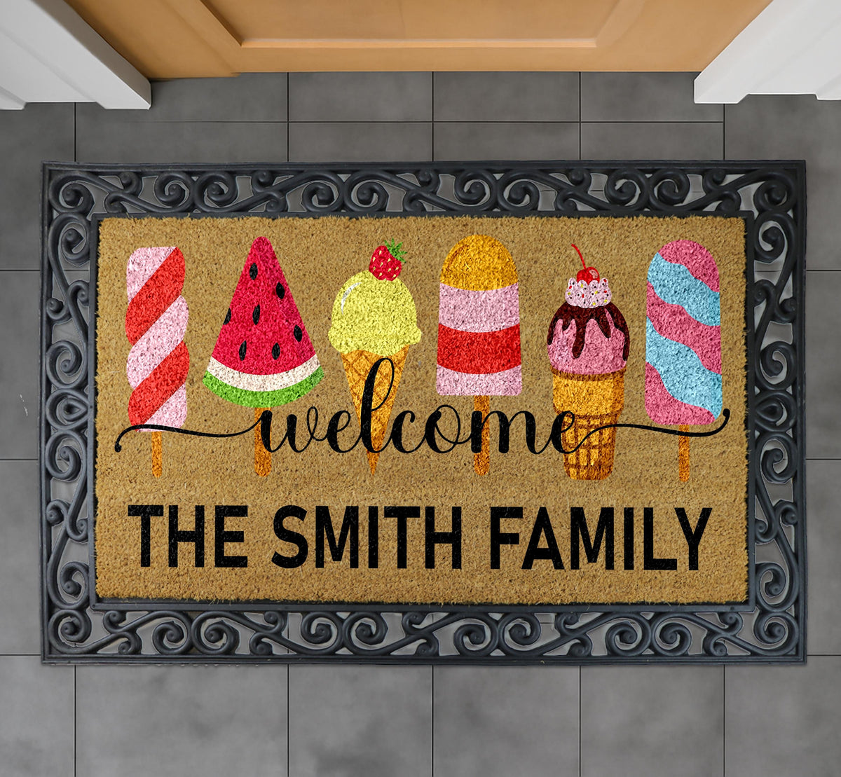 Custom Family Name Coco Doormat, Summer Ice Cream Welcome Mat