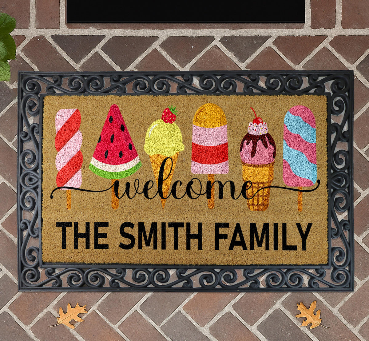 Custom Family Name Coco Doormat, Summer Ice Cream Welcome Mat