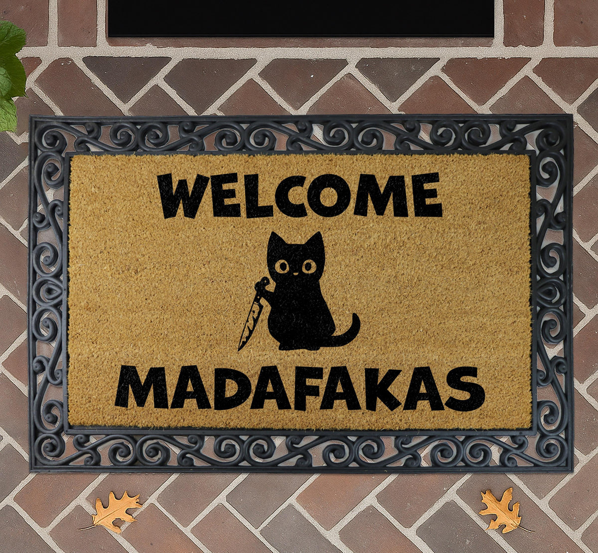 Welcome Madafakas Cat Doormat, Funny Cat with Knife Entryway Decor, Humorous Housewarming Gift