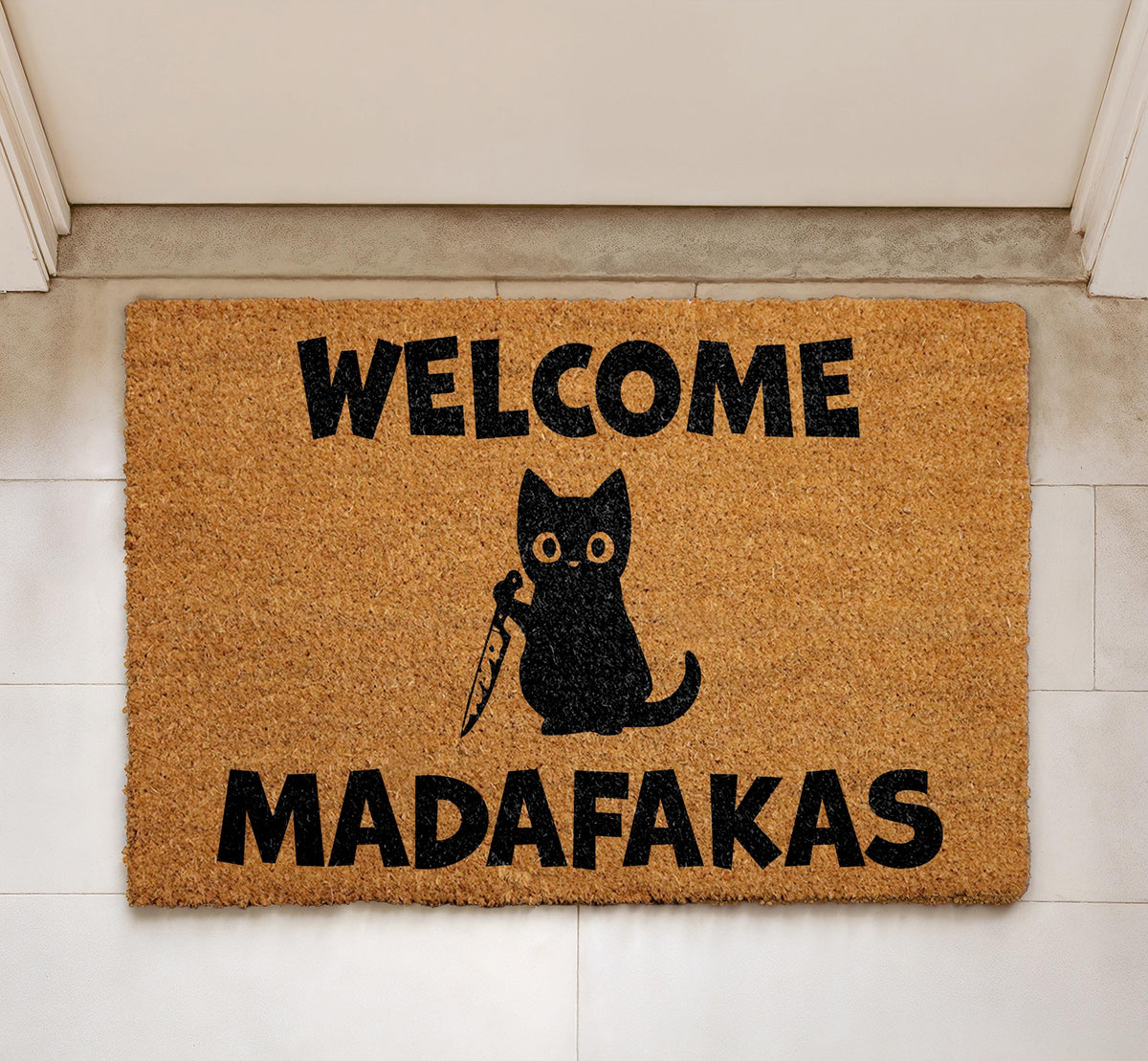 Welcome Madafakas Cat Doormat, Funny Cat with Knife Entryway Decor, Humorous Housewarming Gift