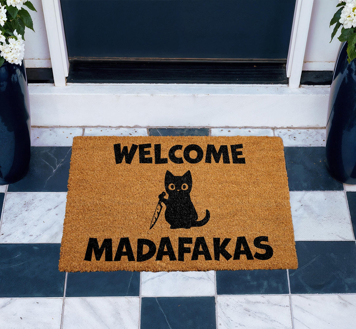 Welcome Madafakas Cat Doormat, Funny Cat with Knife Entryway Decor, Humorous Housewarming Gift