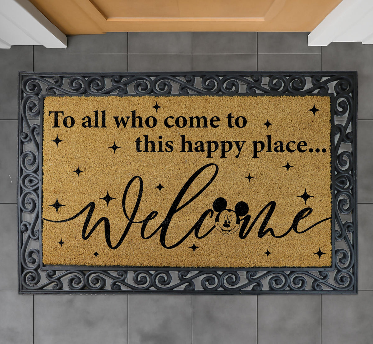 Cartoon Mouse Happy Place Doormat, Magical Home Decor, Cute Welcome Mat, Coir Entry Rug