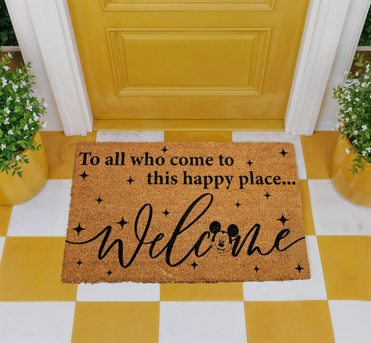 Cartoon Mouse Happy Place Doormat, Magical Home Decor, Cute Welcome Mat, Coir Entry Rug