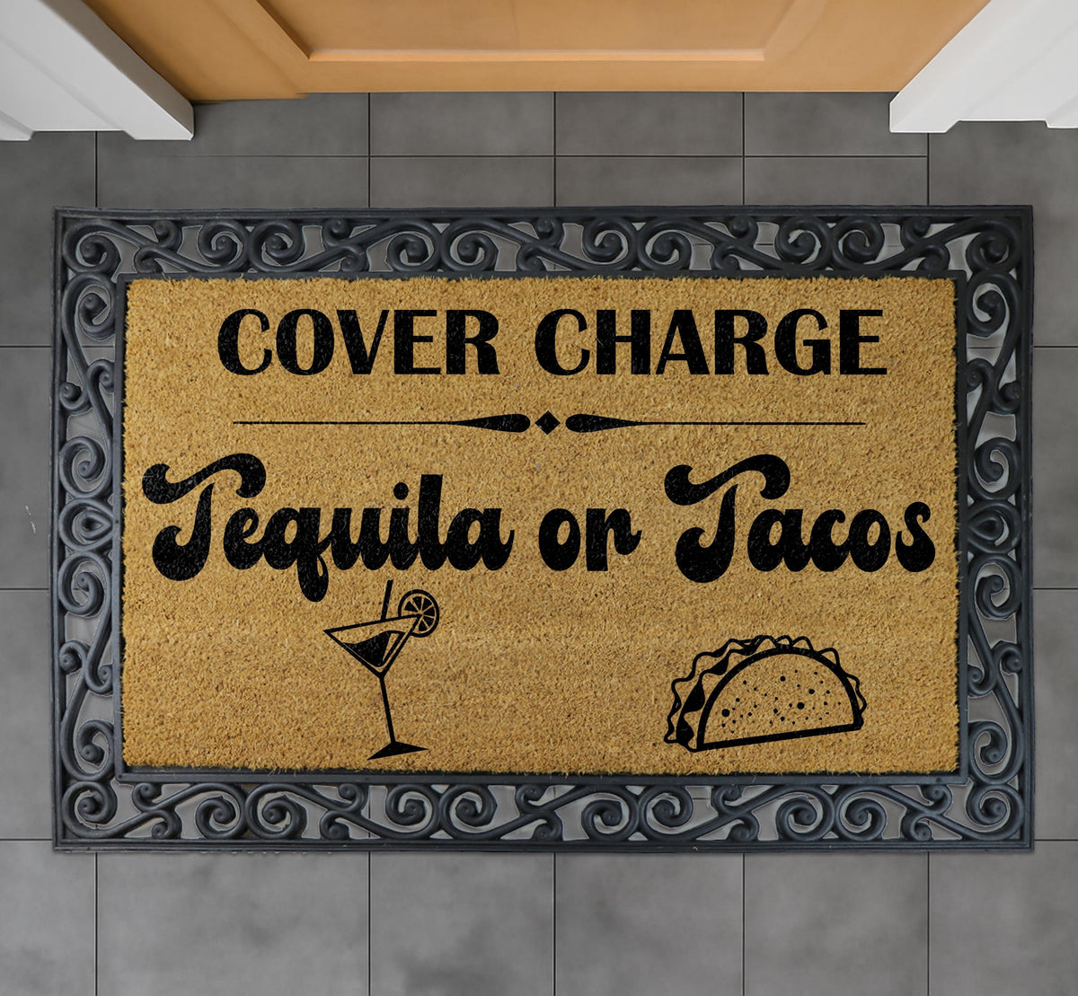 Cover Charge Tacos Tequila Doormat, Fiesta Welcome Mat, Mexican Entrance Decor