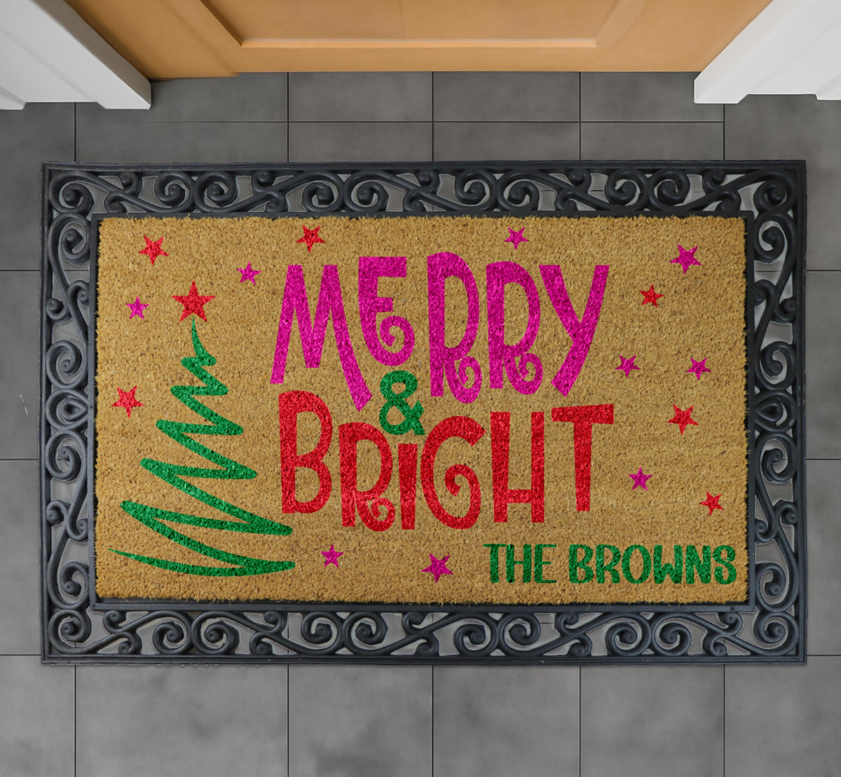 Personalized Merry & Bright Doormat, Custom Family Name Christmas Door Mat
