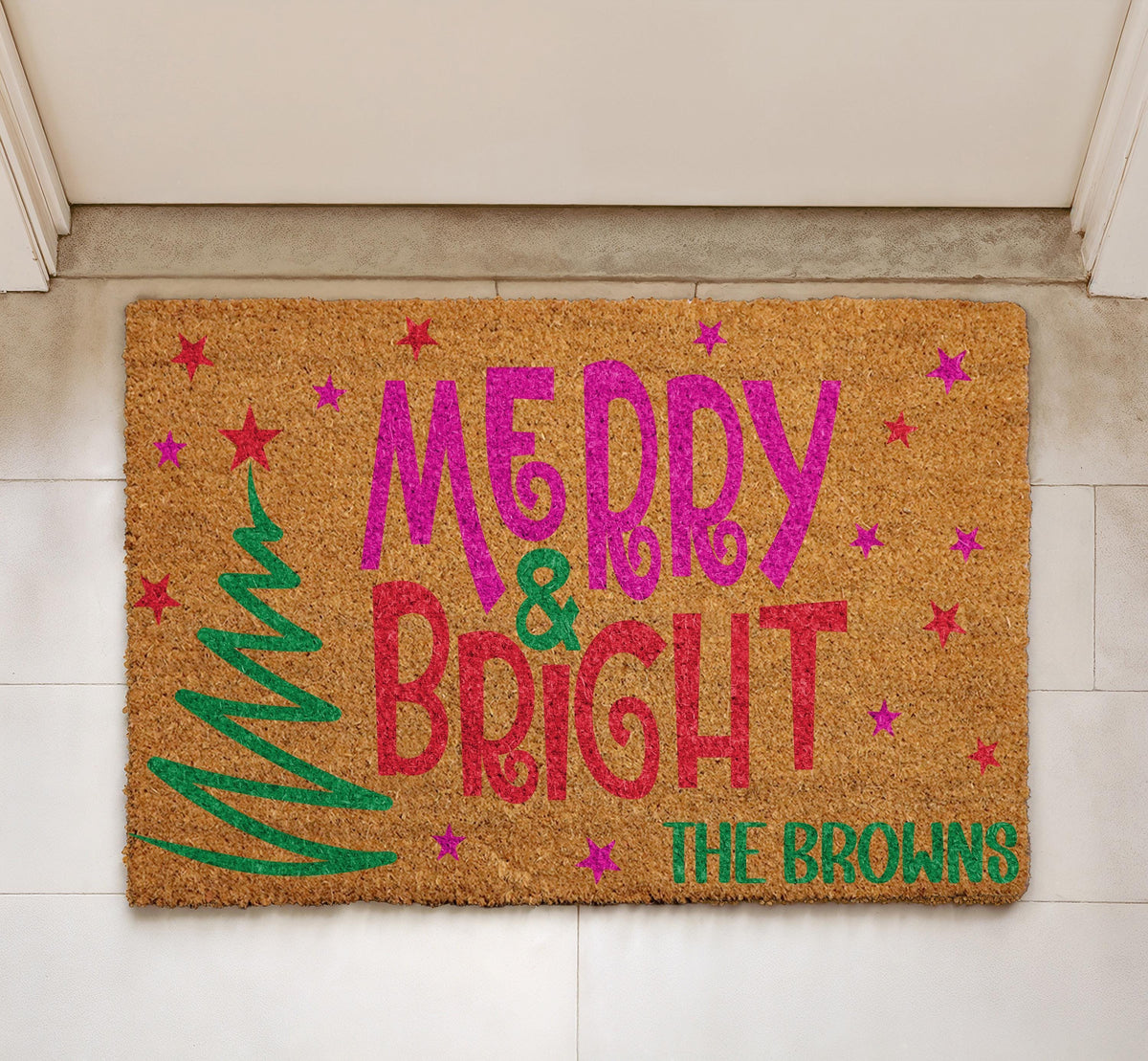 Personalized Merry & Bright Doormat, Custom Family Name Christmas Door Mat