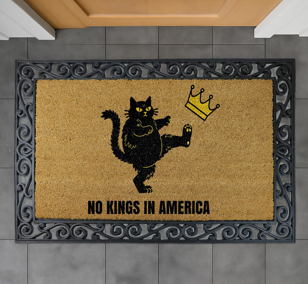 No Kings in America Doormat, Anti Monarchy Welcome Mat, Kick the Crown Home Entrance Decor