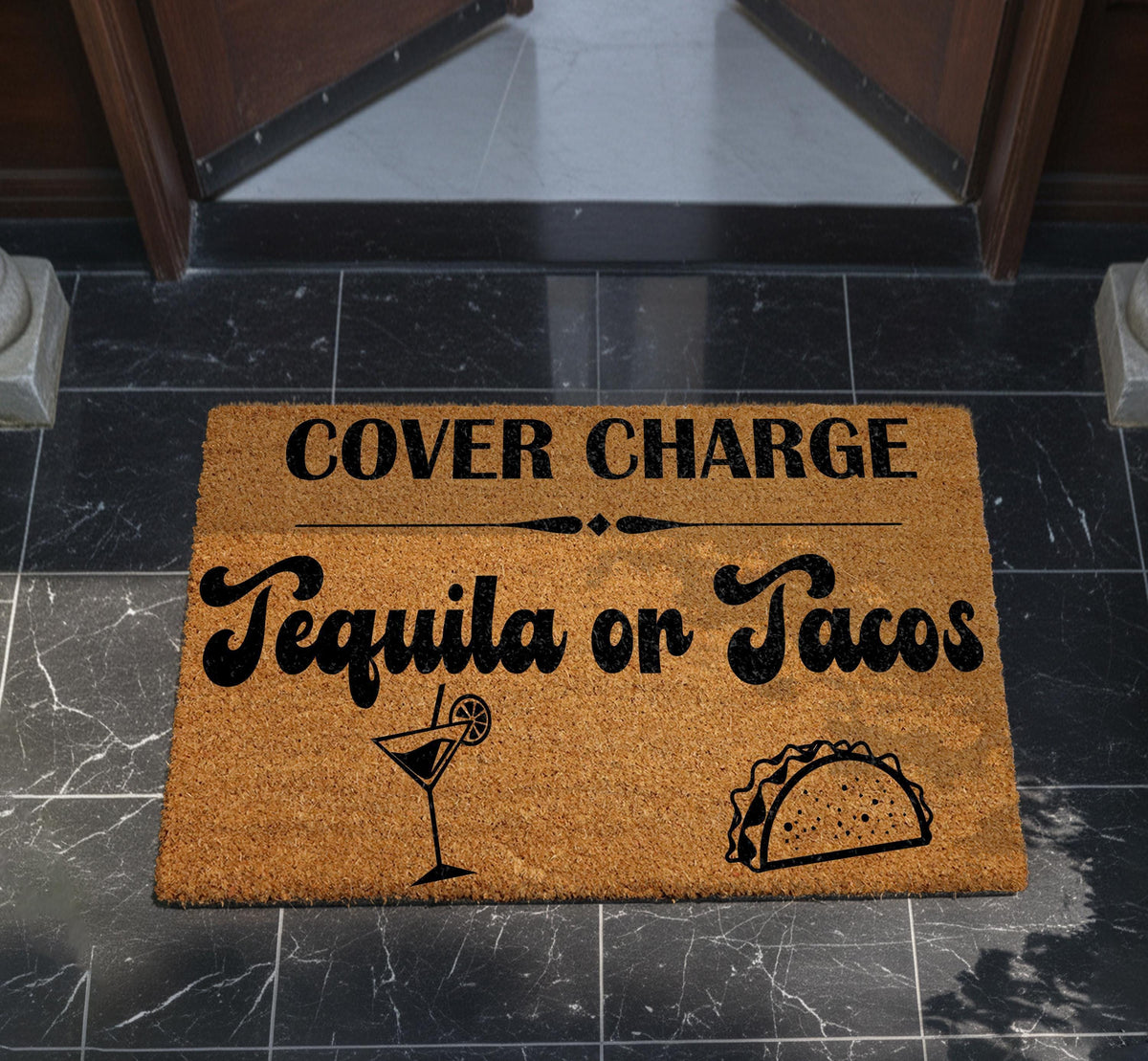 Cover Charge Tacos Tequila Doormat, Fiesta Welcome Mat, Mexican Entrance Decor