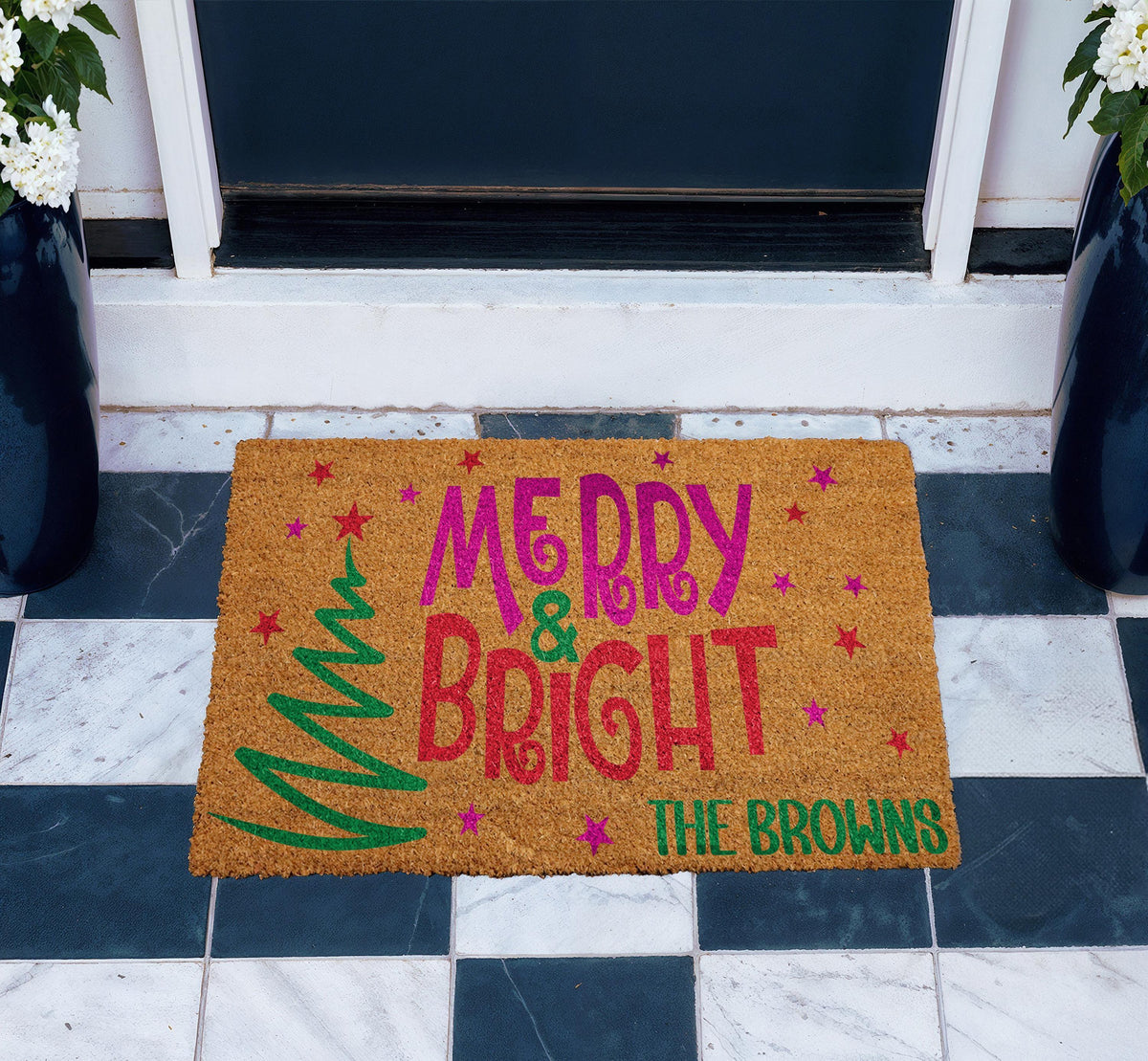 Personalized Merry & Bright Doormat, Custom Family Name Christmas Door Mat