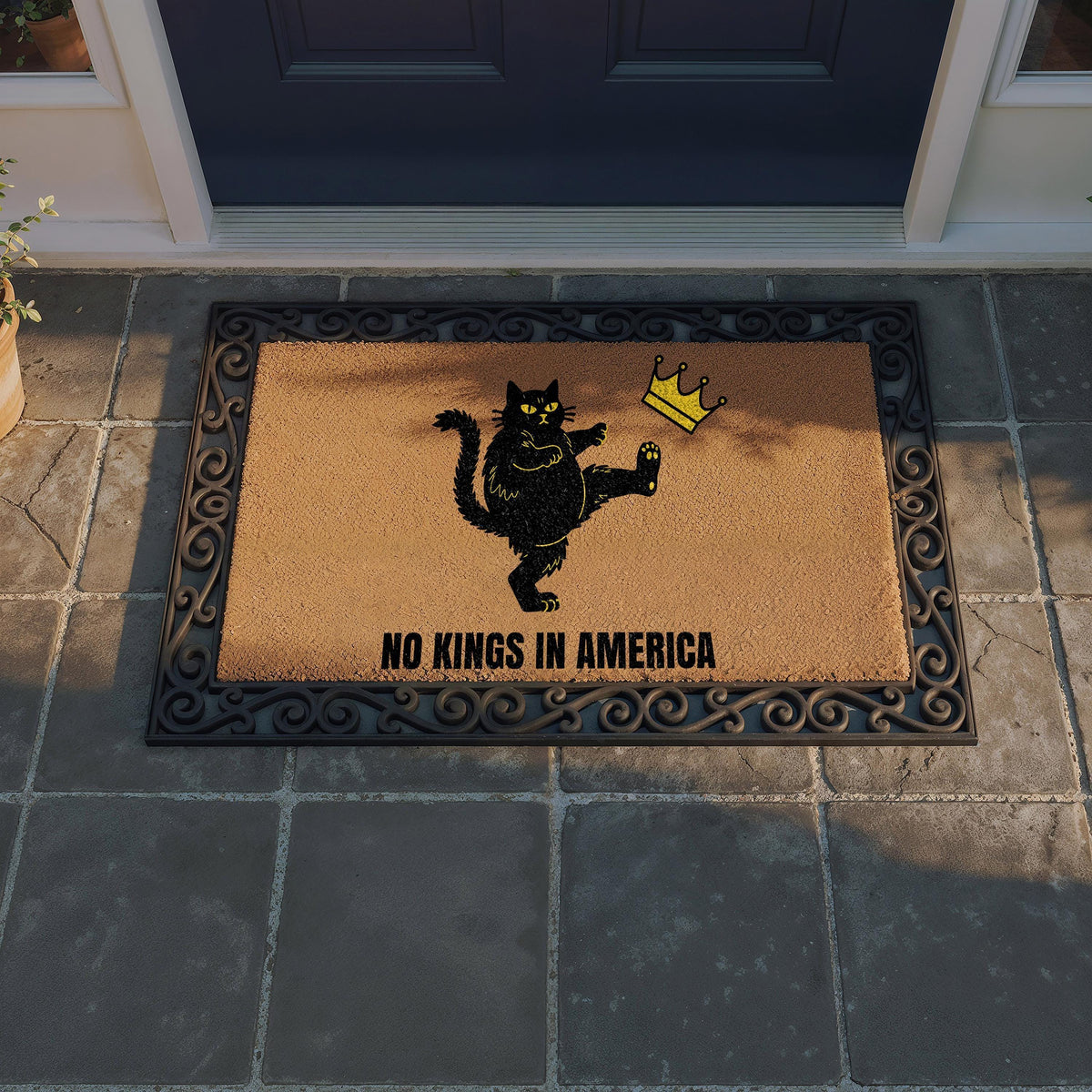 No Kings in America Doormat, Anti Monarchy Welcome Mat, Kick the Crown Home Entrance Decor