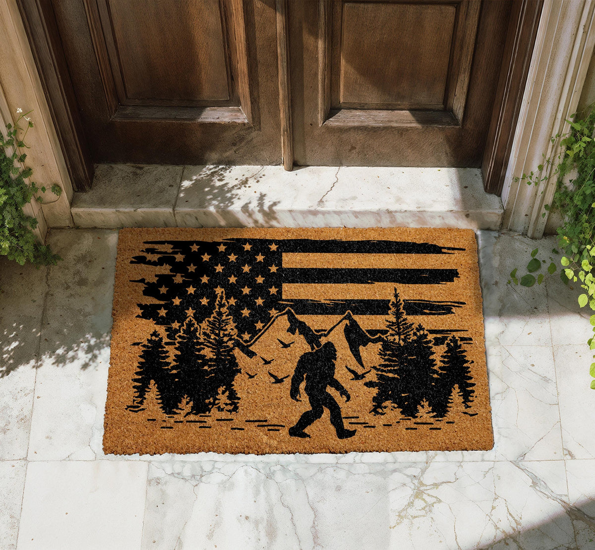 Bigfoot Doormat, American Flag Welcome Mat, Sasquatch Front Porch Mat, Mythical Creature Decor