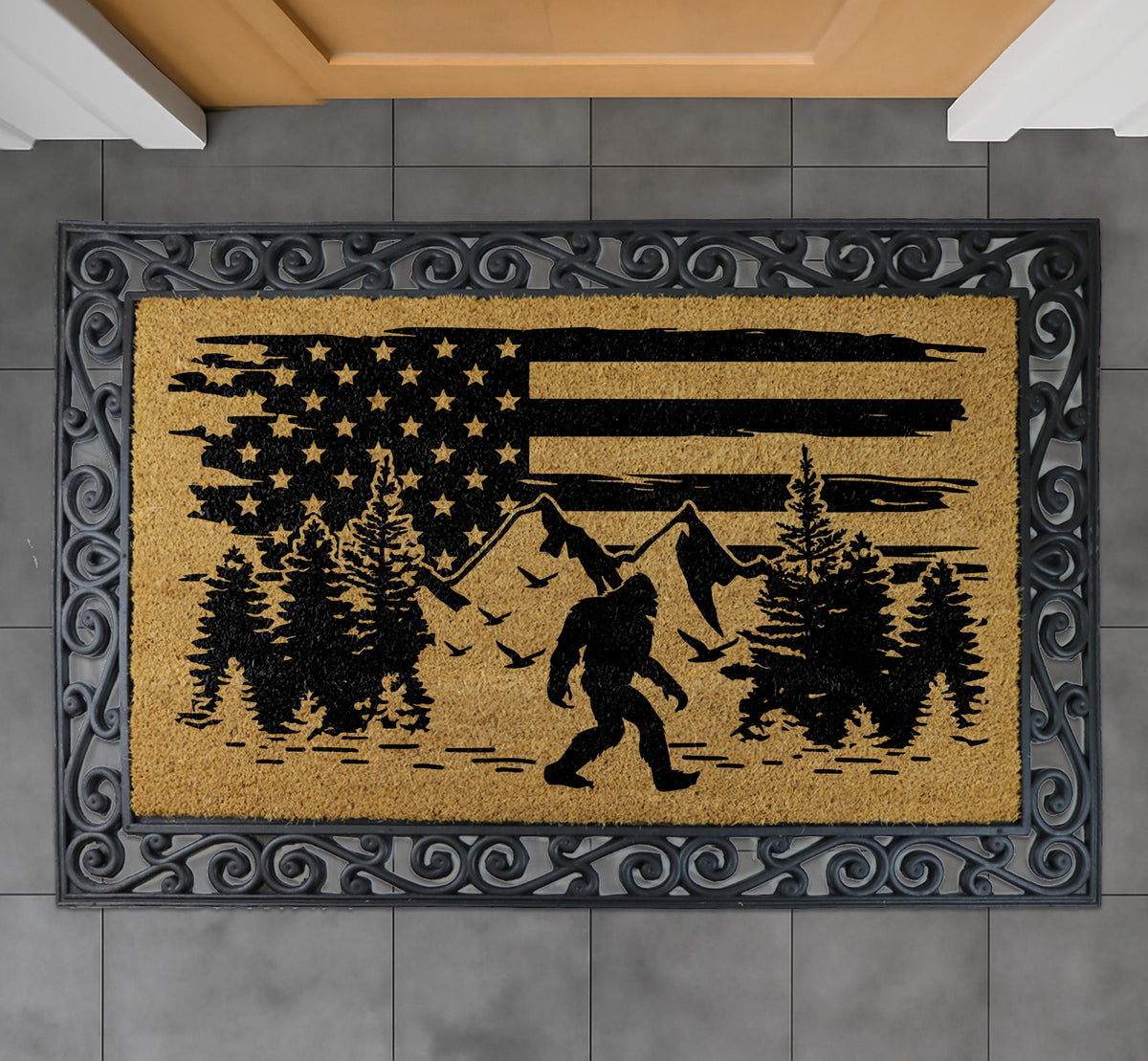 Bigfoot Doormat, American Flag Welcome Mat, Sasquatch Front Porch Mat, Mythical Creature Decor
