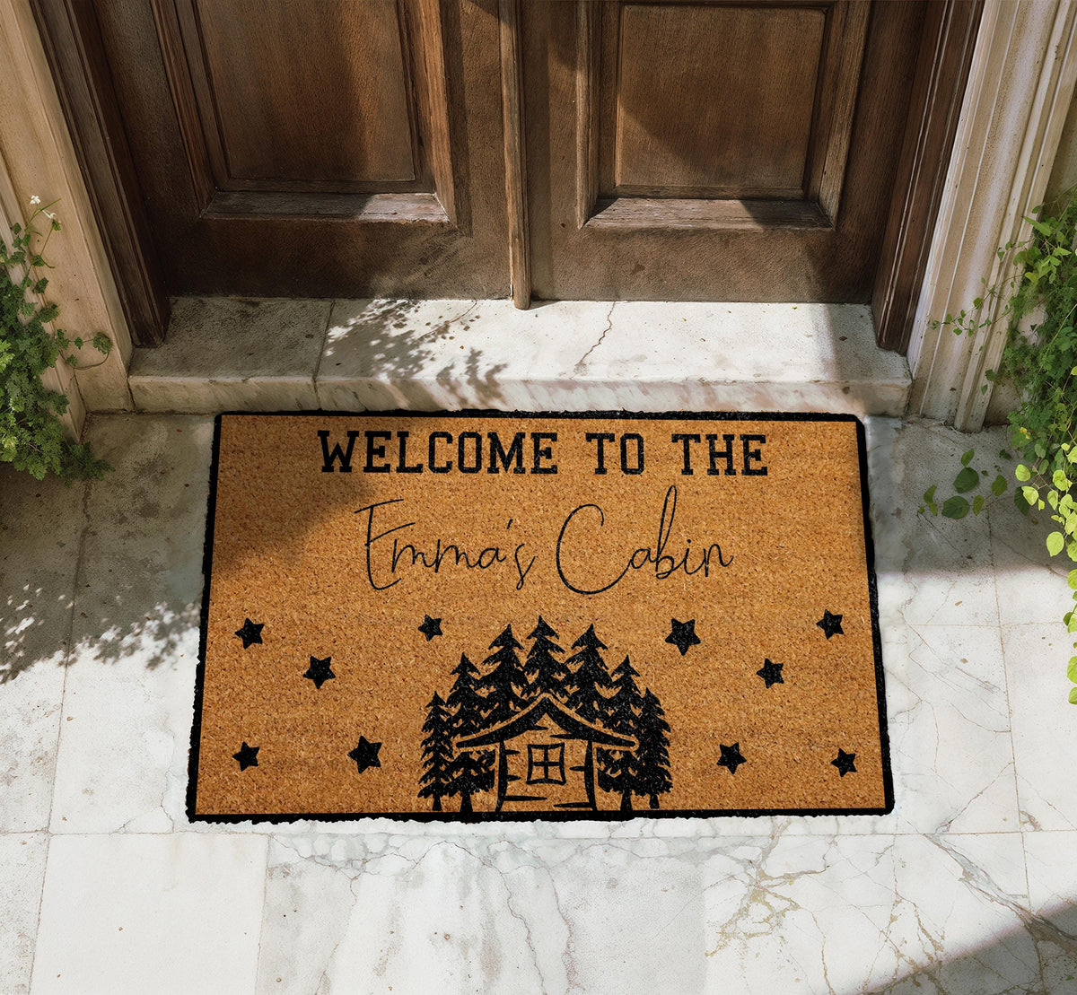 Personalized Cabin Doormat, Custom Name Welcome To Cabin Mat, Pine Tree Cabin Decor