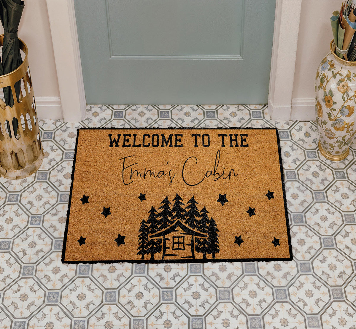 Personalized Cabin Doormat, Custom Name Welcome To Cabin Mat, Pine Tree Cabin Decor