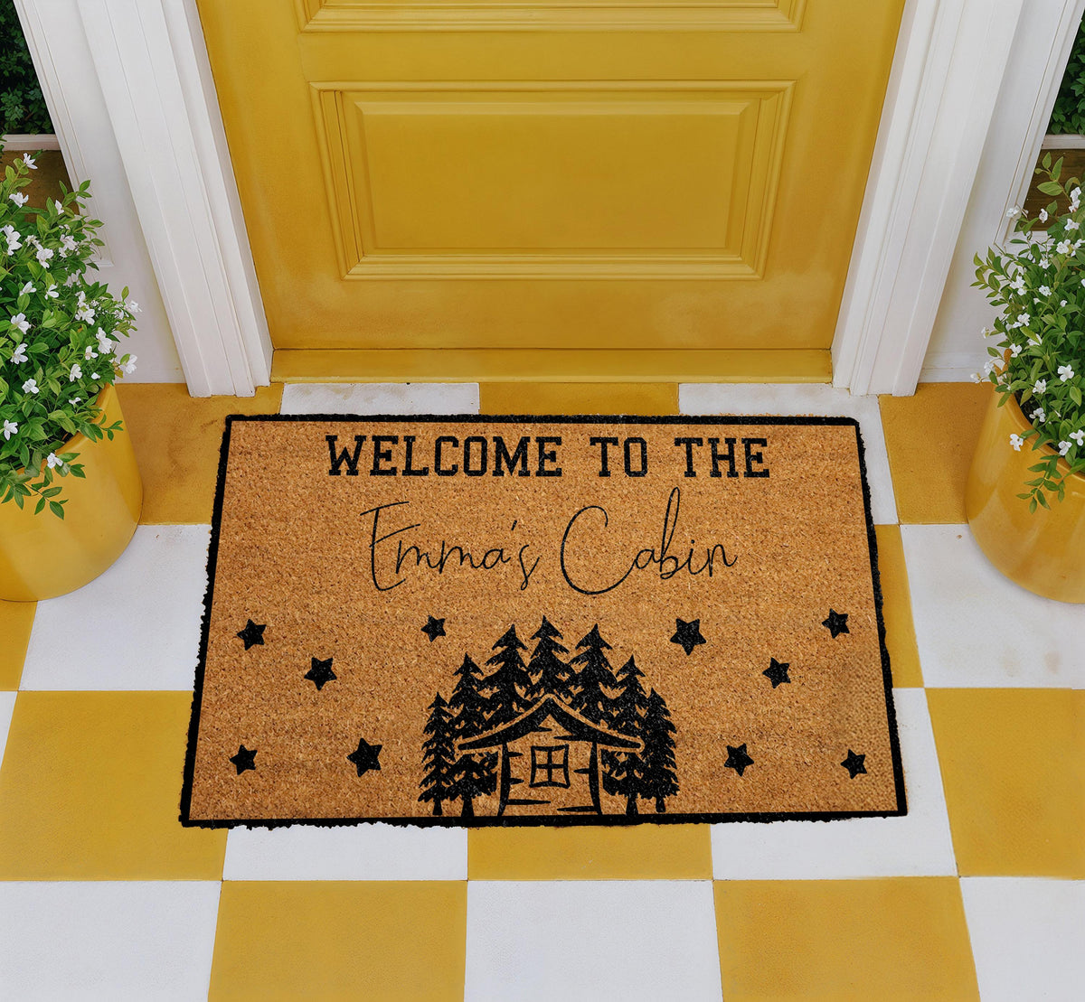 Personalized Cabin Doormat, Custom Name Welcome To Cabin Mat, Pine Tree Cabin Decor