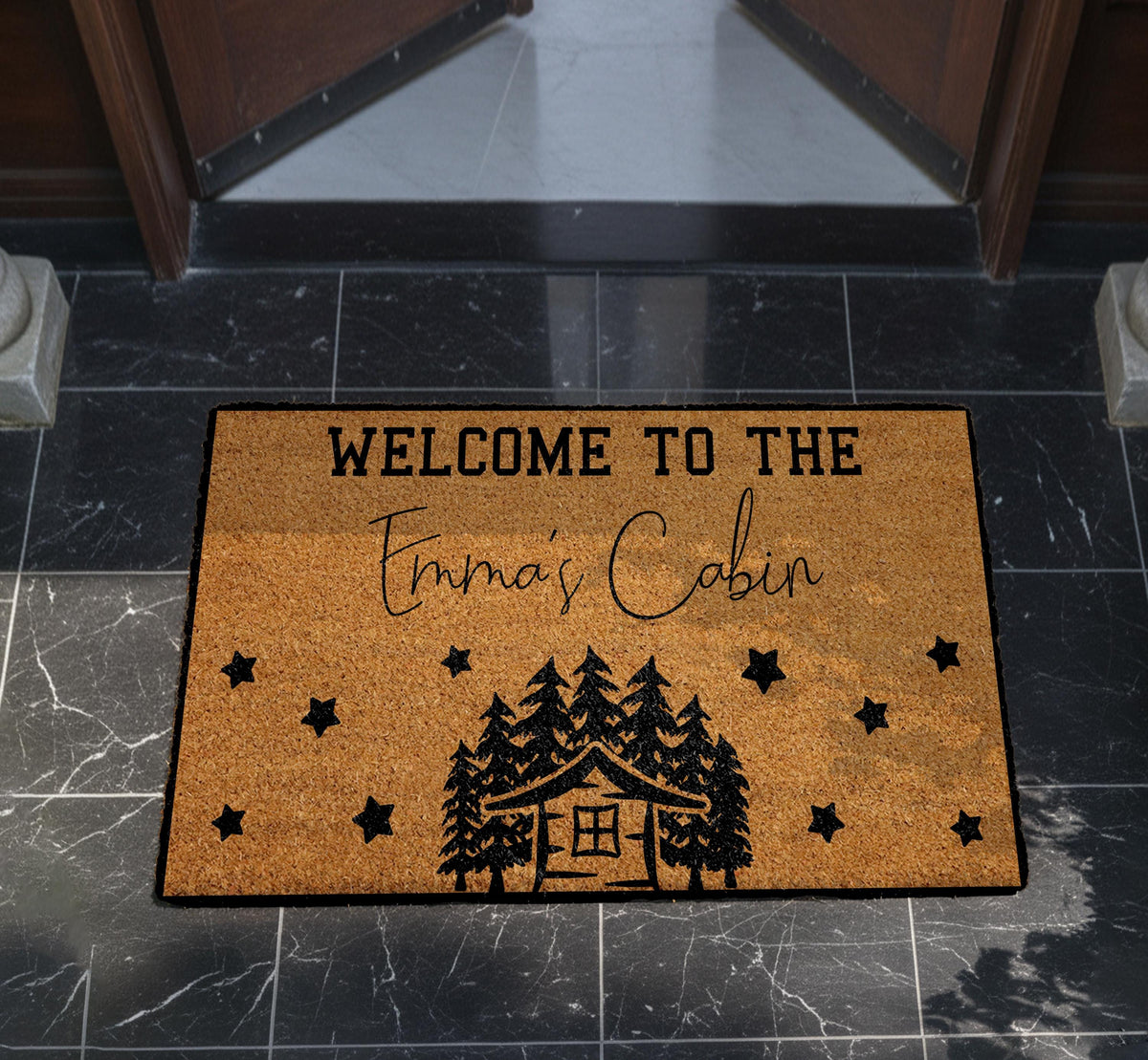 Personalized Cabin Doormat, Custom Name Welcome To Cabin Mat, Pine Tree Cabin Decor
