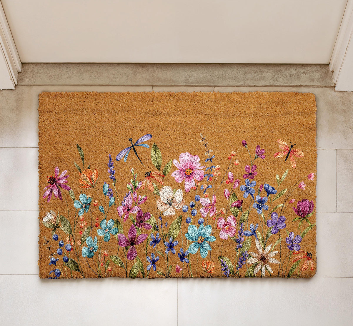 Wildflower Meadow Doormat, Spring Flowers Coir Welcome Mat, Front Door Decor
