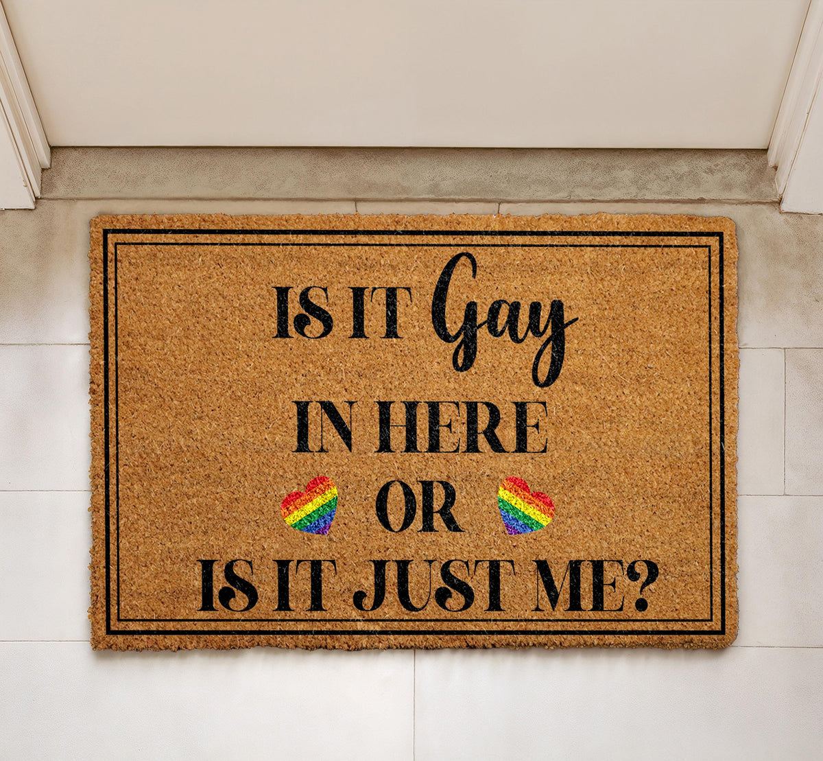Is It Gay In Here Doormat, LGBTQ Pride Welcome Mat, Rainbow Heart Front Porch Decor