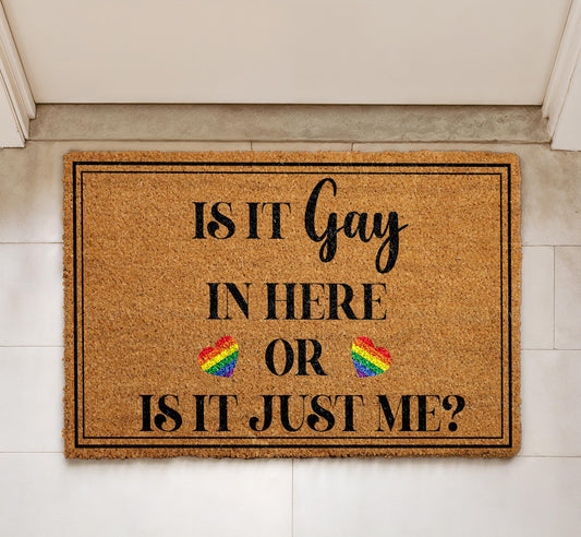 Is It Gay In Here Doormat, LGBTQ Pride Welcome Mat, Rainbow Heart Front Porch Decor