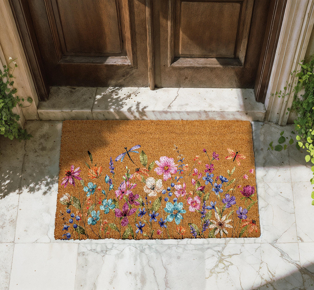 Wildflower Meadow Doormat, Spring Flowers Coir Welcome Mat, Front Door Decor