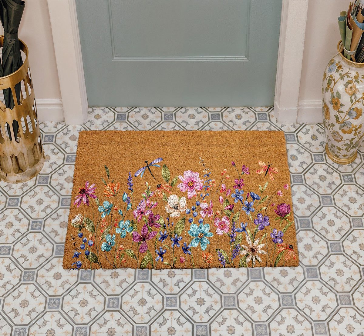 Wildflower Meadow Doormat, Spring Flowers Coir Welcome Mat, Front Door Decor
