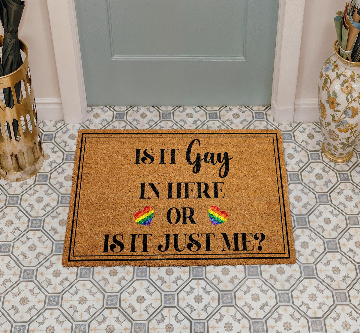 Is It Gay In Here Doormat, LGBTQ Pride Welcome Mat, Rainbow Heart Front Porch Decor