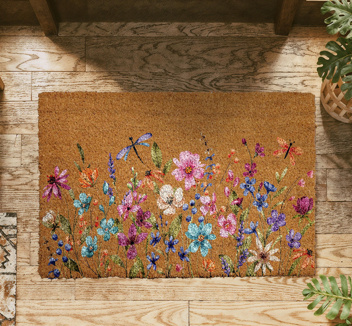 Wildflower Meadow Doormat, Spring Flowers Coir Welcome Mat, Front Door Decor
