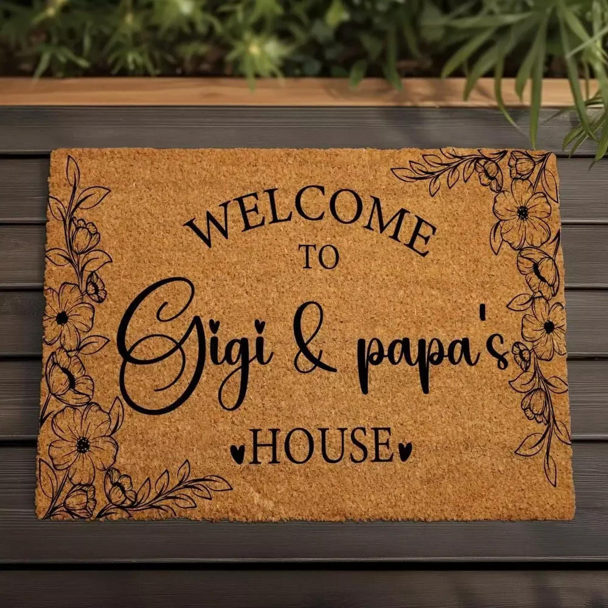 Custom Personalized Floral Coir Door Mat, Welcome Gigi and Papa's House Rug