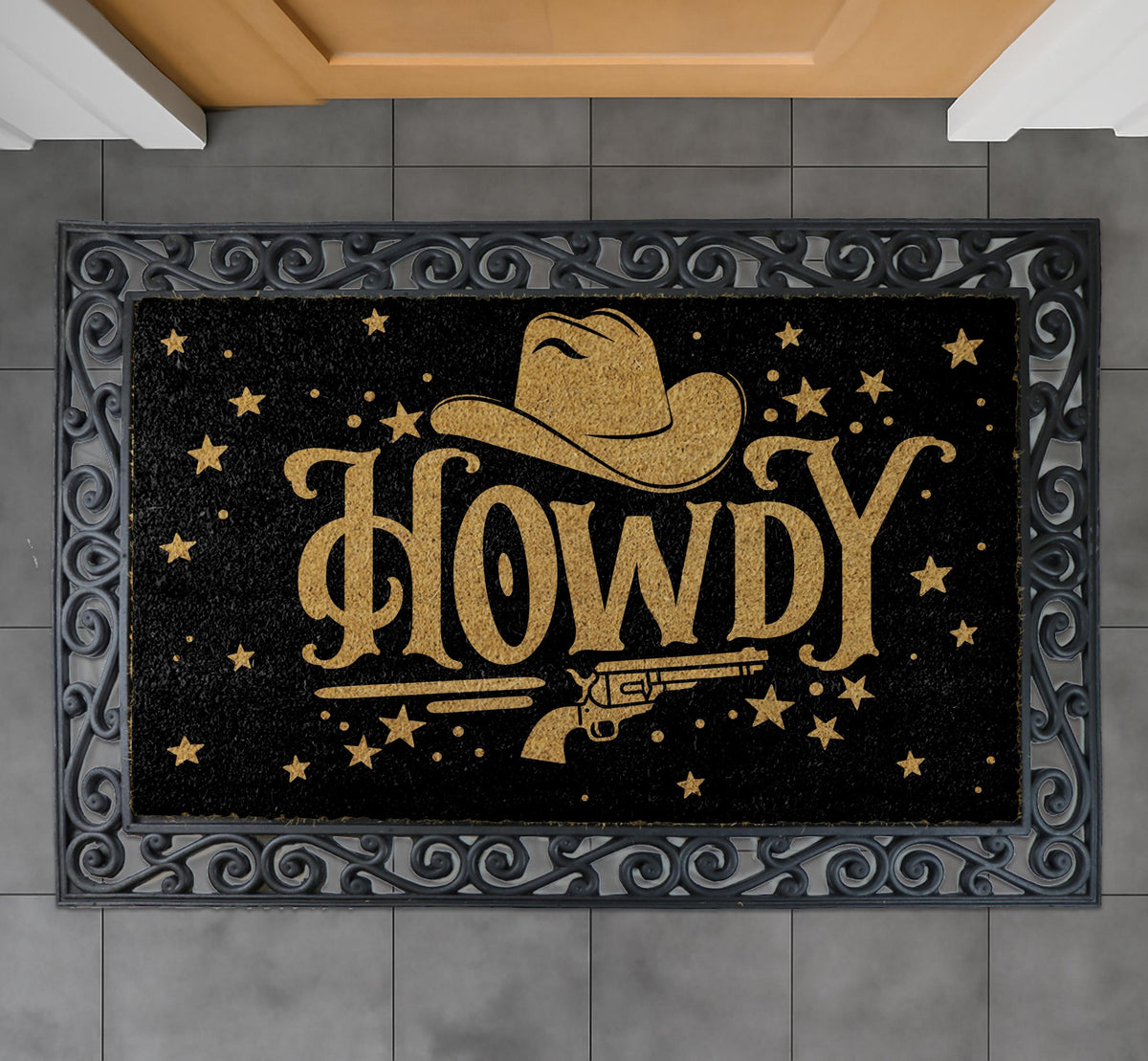Howdy Doormat, Western Welcome Mat, Cowboy Hat and Revolver Home Entrance Mat